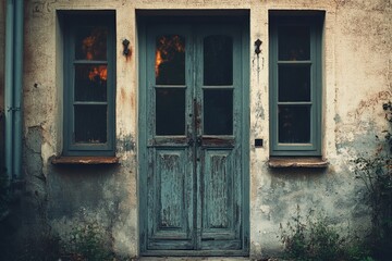 Sticker - An old building with a blue door and windows, great for backgrounds or architecture images