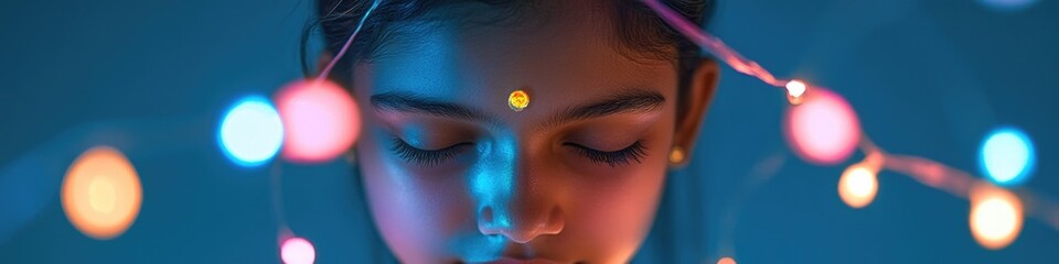 Aufkleber - A woman looks contemplative as she gazes at a string of twinkling lights, perfect for use in scenes of introspection or peaceful moments