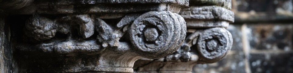 Poster - Close-up of a stone pillar with intricate carvings, suitable for use in historical or cultural settings
