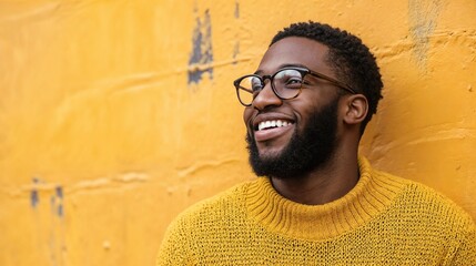 Wall Mural - Cheerful African American man in yellow sweater against yellow wall. Ideal for authentic lifestyle content, personal branding, and modern portraiture