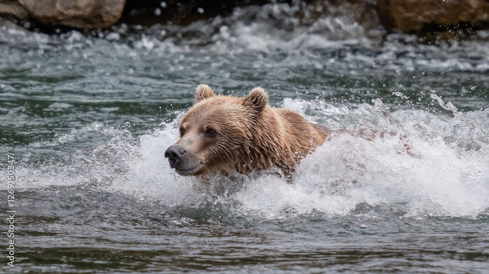 Brown bear hunting in rushing river waters. Suitable for wildlife ...