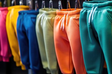 Aufkleber - A row of vibrant sweatpants hanging on a rack, perfect for retail or fashion use