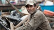 © InspirationDesign - Manual laborer in weathered work clothes at salvage yard. Perfect for blue collar work, industrial labor, and social documentary content