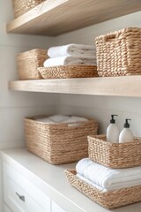 Poster - A shelf with baskets and towels for organizing home goods