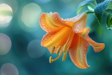 Wall Mural - A close-up of a vibrant orange flower with dew drops glistening on its petals