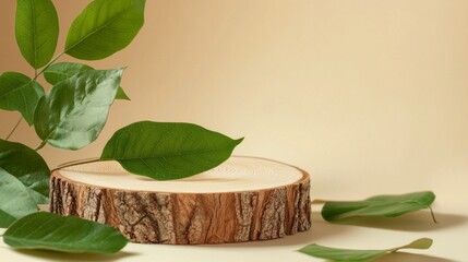 Poster - A stylish product display showcases a smooth wooden base surrounded by vibrant green leaves, creating a calm and inviting ambiance perfect for modern interiors and decor