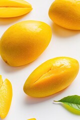 Poster - Fresh mangos with green leaves on a clean white surface, ideal for food and fruit photography