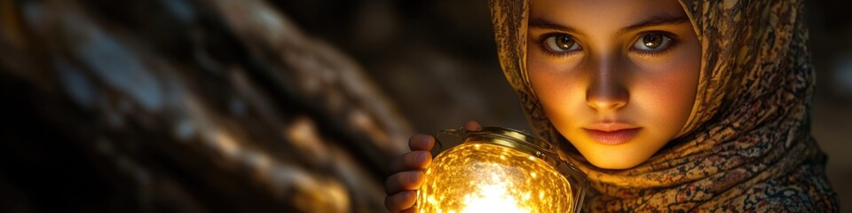 Poster - A woman wearing a hijab holds a lantern, providing light in the darkness