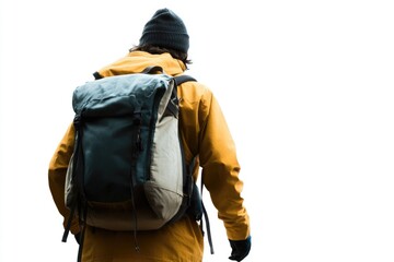 Aufkleber - A person wearing a bright yellow jacket and carrying a backpack, possibly on an outdoor adventure