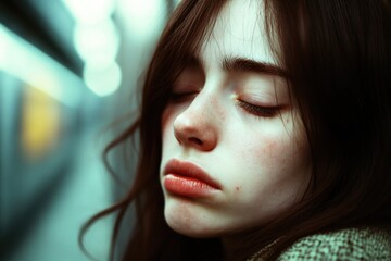 Poster - A close-up shot of a woman with her eyes closed, possibly in deep thought or relaxation