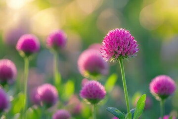 Poster - A photo of a lush field filled with pink flowers and green leaves