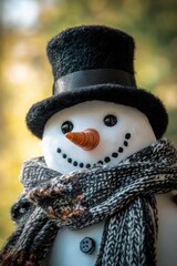 Poster - A close-up of a snowman dressed in a hat and scarf, perfect for winter scenes or holiday decorations