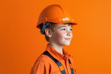 Poster - A young boy wearing a hard hat on an orange background, suitable for construction or building industry-related uses