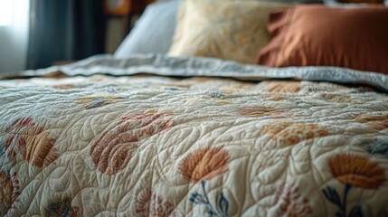 Aufkleber - A close-up view of a bed with a comforter and pillows