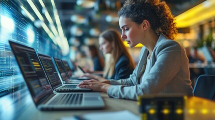 Poster - a woman sits at a table with her laptop open, typing away