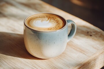 Poster - A cup of coffee sits on a wooden table