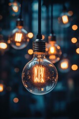 Poster - A collection of light bulbs suspended from the ceiling, ideal for use in illustrations and designs about lighting, modern architecture, or industrial settings