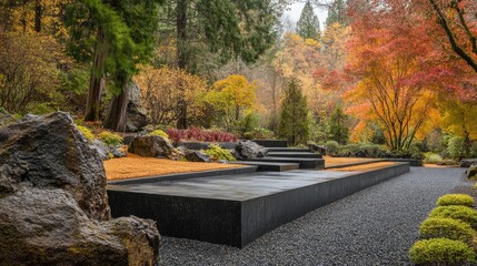 Poster - A modern rock garden with rectangular stone slabs, crushed granite pathways, and minimalist landscaping.