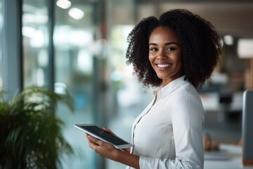 Poster - A smiling woman holds a tablet computer in an office setting