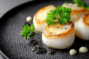Aufkleber - Fresh seafood dish with succulent scallops served with parsley on a dark plate