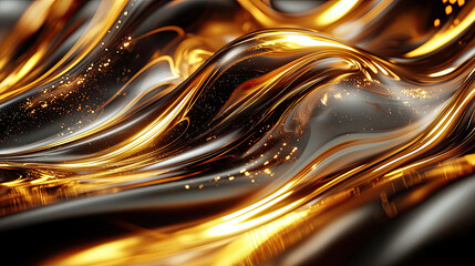 Wall Mural - Black and gold abstract background with liquid gold waves and high contrast reflection in a modern artistic design Background