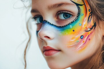 Poster - A close-up shot of a young girl with colorful face paint, perfect for use in children's party or festival-related designs