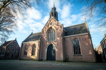 Poster - A large brick church with a clock tower in the background