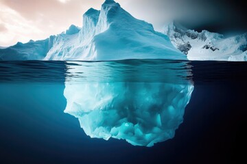 Poster - A large iceberg floats in the open ocean, with waves crashing against its sides