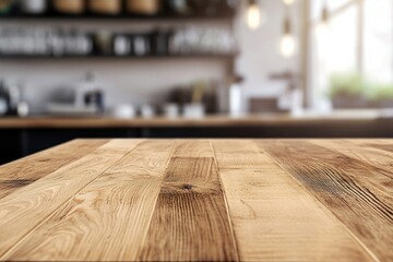 Aufkleber - A wooden table with a blurry kitchen in the background, perfect for interior design or cooking illustrations