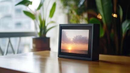 Poster - A picture frame sitting on a wooden table, a simple and classic setting for displaying memories