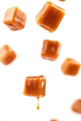 Poster - Caramels falling from above onto a white surface, perfect for food or dessert concepts