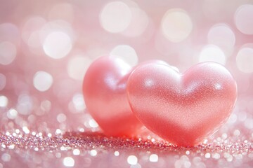 Poster - Two pink hearts sit side by side on a reflective surface, perfect for romantic or celebratory occasions