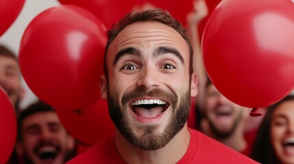 Wall Mural - A happy man celebrating his birthday surrounded by red balloons and confetti, the background is blurred with people cheering in joy behind him