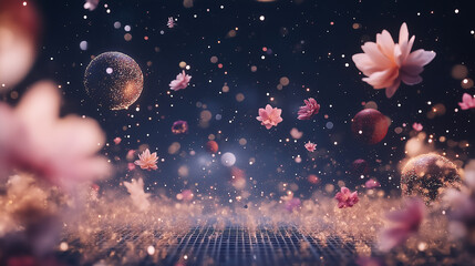 Wall Mural - celestial bloom: pink petals dance through a shimmering sky, guided by a distant moon. this ethereal