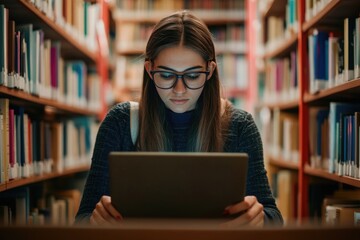 Poster - a woman wearing glasses is focused on her laptop in a quiet library setting