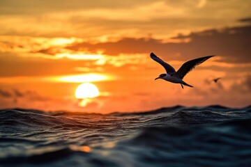 Poster - A bird soars above the ocean as the sun sets in the background, with waves gently lapping against the shore