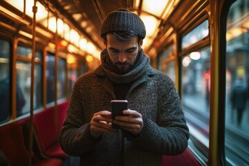 Poster - A person looking at their phone while on a train, possibly checking messages or browsing
