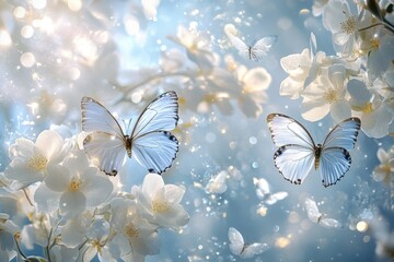 Poster - A delicate arrangement of white flowers with a blue butterfly landing on one bloom