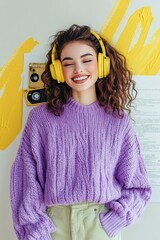 Wall Mural - Minimalistic collage of a happy woman in a purple sweater with yellow headphones on her head, listening to music. Behind the woman, there is an old cassette tape,