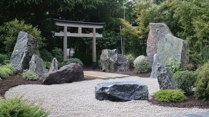 Poster - A rock garden featuring large monolithic stones, a raked gravel bed, and a Japanese torii gate.
