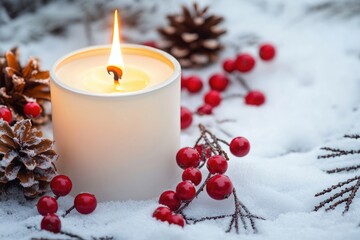 Poster - A lit candle surrounded by red berries and pinecones, perfect for holiday decorations or rustic-themed settings