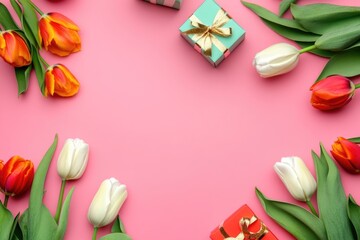 Poster - A bouquet of tulips and a gift box set against a bright pink background