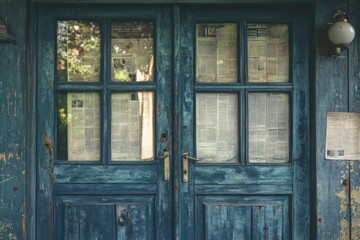 Poster - A blue door with a pile of documents and papers attached