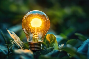 Poster - A light bulb sits atop a lush, green leaf-covered field