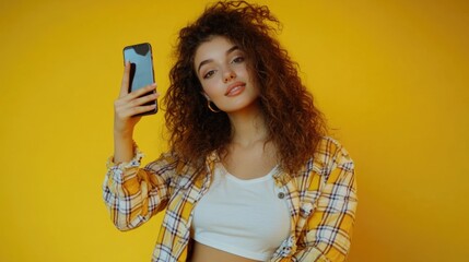 Poster - A young woman holds her cell phone in her hand, ready to make a call or check messages