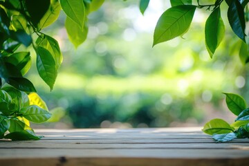 Poster - A wooden table covered with fresh green leaves, great for nature-inspired scenes or still life compositions