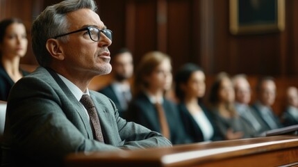 Poster - A man in a business suit sits among colleagues discussing project details