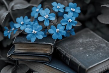 Poster - A bunch of blue flowers sitting on top of a book, possibly a symbol or decoration