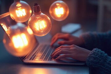 Poster - A person working on their laptop surrounded by soft, warm light from the light bulbs