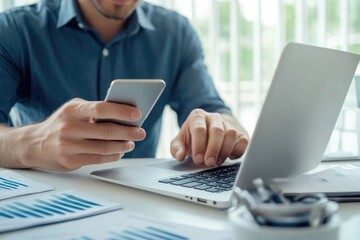 Poster - a person sitting at a desk with a laptop and cell phone, possibly doing work or communication